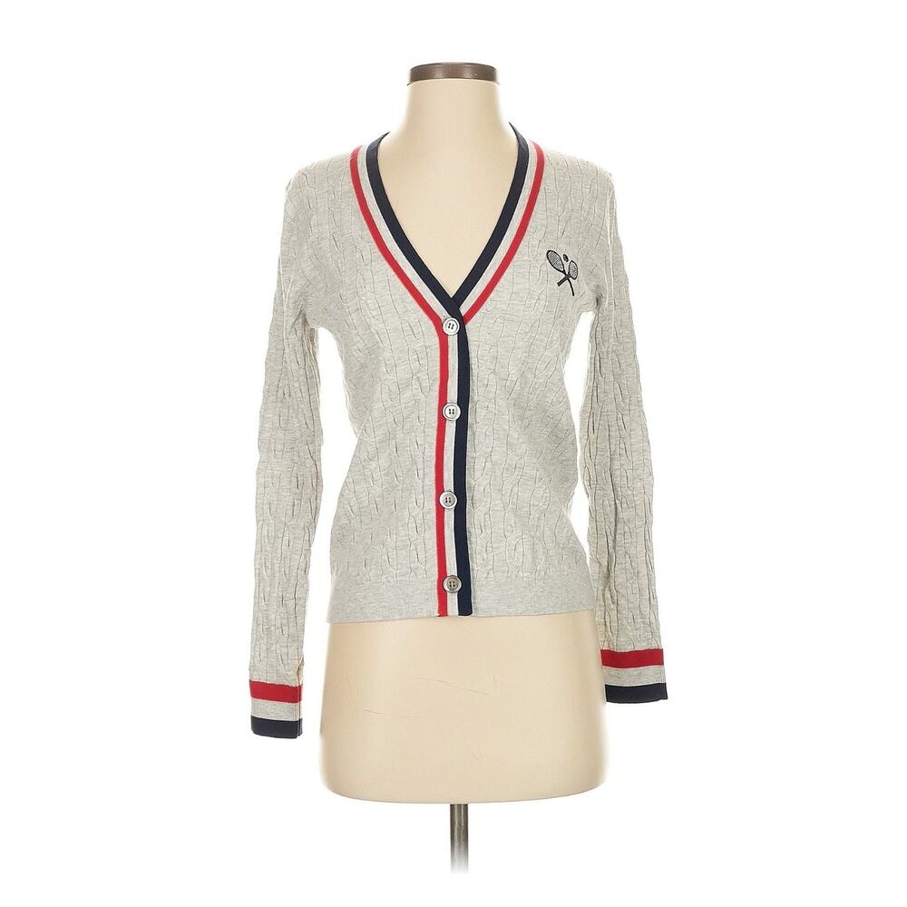 J. Society Varsity Tennis Light Gray V-Neck Cardigan Sweater Small